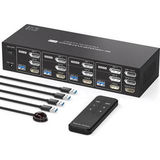 NÖRDIC KVM Switch 4 til 3, 4xUSB3.0 2xDP 1xHDMI 8K30Hz med trådløs kontrol