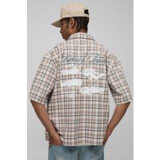 Mens Stone Oversized Boxy Car Print Micro Check Shirt