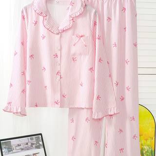 TEMU 2pcs Pink Striped Print Elegant Women's Pajamas, Ruffle Long Sleeve Top And Pants Pajama Set, Bow Print Open Front Button-up Loungewear With Elastic Waistband Comfortable Loungewear