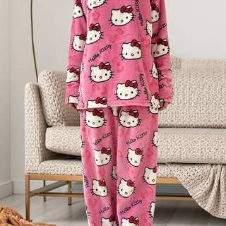 TEMU Licensed Hello Kitty 4-color Flannel Pajama Set Women's - Long Sleeve Top & Pants, Cute Cartoon Sleepwear For Home/outdoor (white/pink/black Pink/hot Pink)