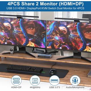 NÖRDIC KVM 4x2 Switch 4PC til Dual Monitor HDMI & DP 4K60Hz med 2x3.5mm og 3xUSB-A