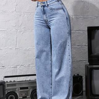 TEMU Women's High-waist Wide-leg Jeans - Light Blue, Loose Fit, Stretch Denim, , Casual Attire, Jeans | Relaxed Fit Jeans | Button Closure Jeans