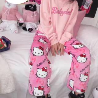 TEMU For Hello Kitty Women's Plush Fleece Pants - Cozy Peach-colored Flannel Sleepwear With Pattern, Thick & Warm For Fall/winter, Home Or Party Wear, Cute Pants, Cozy , Design, Soft Texture