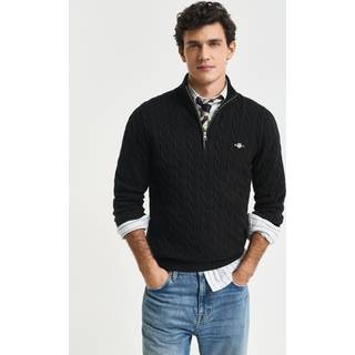 GANT Herre Kabelstrikket sweater af bomuld med halv lynlås (XL) Sort Grå