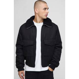Mens Black Regular Fit Boucle Borg Collar Nylon Bomber Jacket