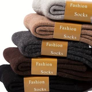 TEMU 5 Pairs Of Random Color Men's Winter Thick Wool Terrycloth Towel Socks Solid Color Wool Socks