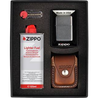 Zippo ZIPPO brushed chrome lighter in set w. ZIPPO leather pouch brown w. loop
