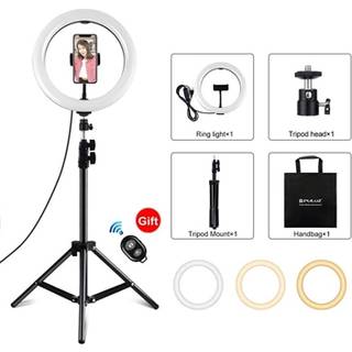 PULUZ PKT3069B 1.1m stativmontering + 10.2 26cm dæmpbar USB LED-ringlys med dobbelt farvetemperatur Selfie-fotografering Video Fill Light med telefonklemme og selfie-fjernbetjening