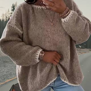 TEMU Women's Round Neck Color Block Spliced Long Sleeve Sweater