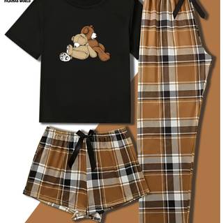 TEMU Women's Casual Cartoon Bear & Pajama Set - Soft, Loose-fit Short Sleeve Top With Elastic Waistband, Long Pants & Shorts, Cozy Fall/winter Sleepwear