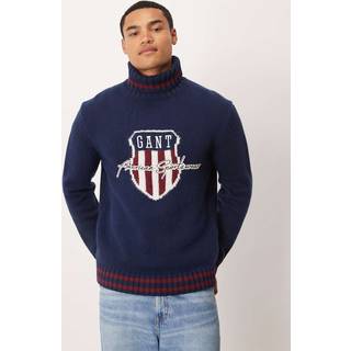 Gant GANT Blue Graphic Print Logo Wool Blend Rollneck Jumper