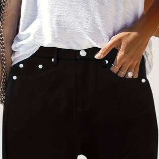 TEMU Women's High-waisted Slim-fit Stretch Denim Jeans With Chic Button Detail - Solid Black, Vintage Style, , High Waisted Jeans, Versatile Fashion, , Durable Fabric