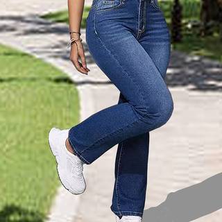 TEMU Women's High-waisted Straight Leg Jeans - Stretchy Blue Denim, Zipper Fly, Casual Pants For Casual Attire, Casual Attire Jeans|straight Leg Jeans|stretchy Fabric