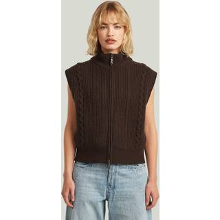 Cable Full Zip Vest Knit - Brown - Women