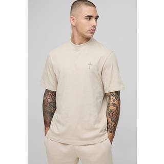 Mens Stone Regular Fit Embroidered Cross Extended Neck T-Shirt