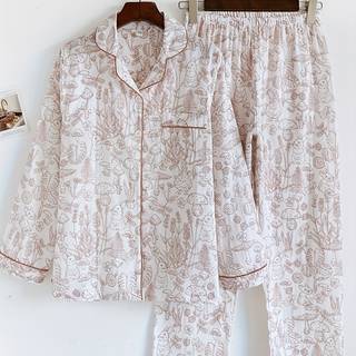 TEMU Print 100% Gauze Women's Pajama Set, Thin Long Sleeve Cardigan, Loose And Breathable Sleepwear Two-piece Set