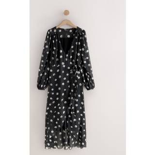 Next Black/White Spot Occasion Long Sleeve Wrap Midi Dress - EU 34 (UK 6)