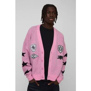 Mens Pink Oversized Brushed Moto Knitted Cardigan