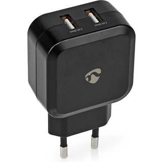Nedis - Vægoplader | 24 W | Hurtigopladningsfunktion | 2x 2.4 A A | Antal output: 2 | 2x USB-A | Uden Kabel | Single Voltage Output - WCHAU484ABK