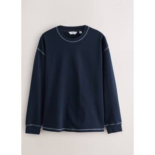 Next Navy Blue Contrast Stitch Long Sleeve Relaxed Fit Heavyweight T-Shirt