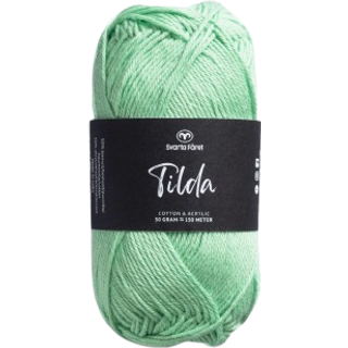 Svarta Fåret Tilda 83 Marcipangrøn Indhold: 50% Bomuld, 50% Akryl Vægt/længde: 50 g = ca. 150 meter Anbefalede pinde: 3.50 mm Strikkefasthed: 10 cm = 26 m Vask: Maskinvask, max 40°C / Tørres fladt.