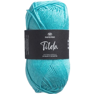 Svarta Fåret Tilda 79 Lys turkis Indhold: 50% Bomuld, 50% Akryl Vægt/længde: 50 g = ca. 150 meter Anbefalede pinde: 3.50 mm Strikkefasthed: 10 cm = 26 m Vask: Maskinvask, max 40°C / Tørres fladt.