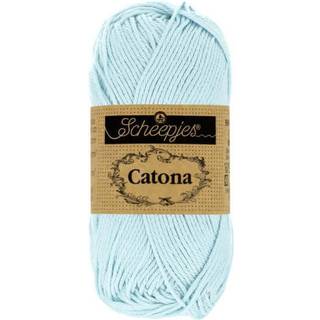 Scheepjes Catona 509 Baby Blue Indhold: 100% merceriseret bomuld Anbefalede pinde: 2.50-3.00 mm Vægt/løbelængde: 50 gr = ca. 125 meter Strikkefasthed: 10 x0 10 cm = 26 m x 36 p med 2,5 mm Maskinvask 40°C / Tørres fladt.