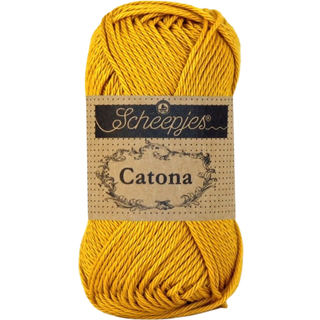 Scheepjes Catona 249 Saffron Indhold: 100% merceriseret bomuld Anbefalede pinde: 2.50-3.00 mm Vægt/løbelængde: 50 gr = ca. 125 meter Strikkefasthed: 10 x0 10 cm = 26 m x 36 p med 2,5 mm Maskinvask 40°C / Tørres fladt.