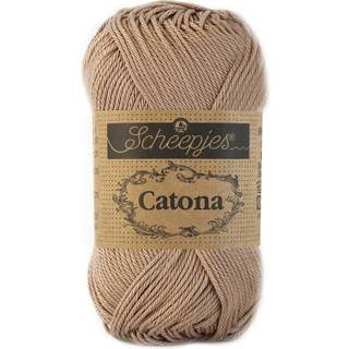 Scheepjes Catona 506 Caramel Indhold: 100% merceriseret bomuld Anbefalede pinde: 2.50-3.00 mm Vægt/løbelængde: 50 gr = ca. 125 meter Strikkefasthed: 10 x0 10 cm = 26 m x 36 p med 2,5 mm Maskinvask 40°C / Tørres fladt.