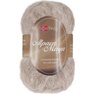 Viking Alpaca Maya 707 Indhold:82% Superfine alpaca, 13% Merino uld, 5% Nylon Vægt/længde: 50 g = ca. 160 m Anbefalede pinde: 7.00 mm Strikkefasthed: 10x10 cm = 12 m Uldprogram ved max 30°, tørres fladt.