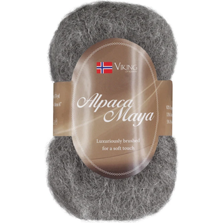 Viking Alpaca Maya 715 Indhold:82% Superfine alpaca, 13% Merino uld, 5% Nylon Vægt/længde: 50 g = ca. 160 m Anbefalede pinde: 7.00 mm Strikkefasthed: 10x10 cm = 12 m Uldprogram ved max 30°, tørres fladt.
