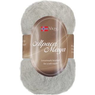 Viking Alpaca Maya 713 Indhold:82% Superfine alpaca, 13% Merino uld, 5% Nylon Vægt/længde: 50 g = ca. 160 m Anbefalede pinde: 7.00 mm Strikkefasthed: 10x10 cm = 12 m Uldprogram ved max 30°, tørres fladt.