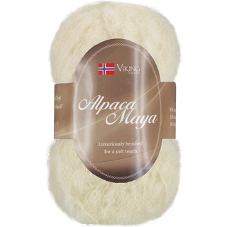 Viking Alpaca Maya 702 Indhold:82% Superfine alpaca, 13% Merino uld, 5% Nylon Vægt/længde: 50 g = ca. 160 m Anbefalede pinde: 7.00 mm Strikkefasthed: 10x10 cm = 12 m Uldprogram ved max 30°, tørres fladt.