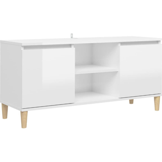 Tv-Bord Med Massive Træben 103,5X35X50 Cm - Hvid højglans