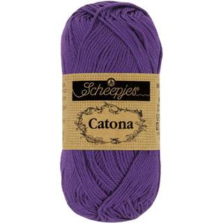 Scheepjes Catona 521 Deep Violet Indhold: 100% merceriseret bomuld Anbefalede pinde: 2.50-3.00 mm Vægt/løbelængde: 50 gr = ca. 125 meter Strikkefasthed: 10 x0 10 cm = 26 m x 36 p med 2,5 mm Maskinvask 40°C / Tørres fladt.