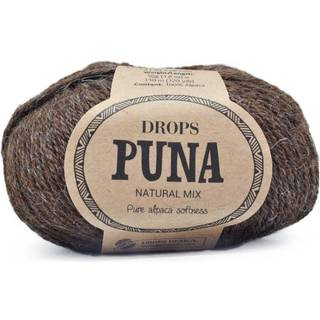 DROPS Puna 03 Brun (Natural mix) Indhold: 100% Superfin Alpaca Garngruppe: B (20 - 22 masker) / 8 ply / DK / worsted Vægt/længde: 50 g = ca. 110 meter Anbefalede pinde: 4 mm Strikkefasthed: 10 x 10 cm = 21 m x 28 p Håndvask, koldt vand max 30°C / Tørres fladt / Kan filtes.