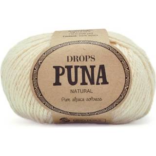 DROPS Puna 01 Natur (Natural) Indhold: 100% Superfin Alpaca Garngruppe: B (20 - 22 masker) / 8 ply / DK / worsted Vægt/længde: 50 g = ca. 110 meter Anbefalede pinde: 4 mm Strikkefasthed: 10 x 10 cm = 21 m x 28 p Håndvask, koldt vand max 30°C / Tørres fladt / Kan filtes.