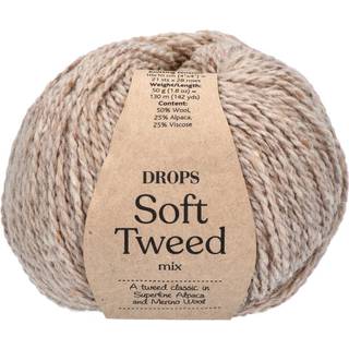 DROPS Soft Tweed 03 Sand Indhold: 50% Uld, 25% Alpaca, 25% Viscose Garngruppe: B (20 - 22 masker) / 8 ply / DK Vægt/længde: 50 g = ca. 130 meter Anbefalede pinde: 4.00 mm Strikkefasthed: 10 x 10 cm = 21 m x 28 p Håndvask, max 30°C / Tørres fladt / Kan filtes.