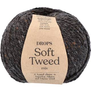 DROPS Soft Tweed 09 Ravn Indhold: 50% Uld, 25% Alpaca, 25% Viscose Garngruppe: B (20 - 22 masker) / 8 ply / DK Vægt/længde: 50 g = ca. 130 meter Anbefalede pinde: 4.00 mm Strikkefasthed: 10 x 10 cm = 21 m x 28 p Håndvask, max 30°C / Tørres fladt / Kan filtes.
