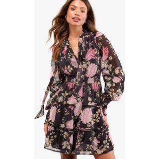 Lipsy Lipsy Black Floral Print V-Neck Long Sleeves Tiered Mini Dress - EU 44 (UK 16)