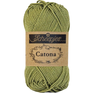 Scheepjes Catona 395 Willow Indhold: 100% merceriseret bomuld Anbefalede pinde: 2.50-3.00 mm Vægt/løbelængde: 50 gr = ca. 125 meter Strikkefasthed: 10 x0 10 cm = 26 m x 36 p med 2,5 mm Maskinvask 40°C / Tørres fladt.