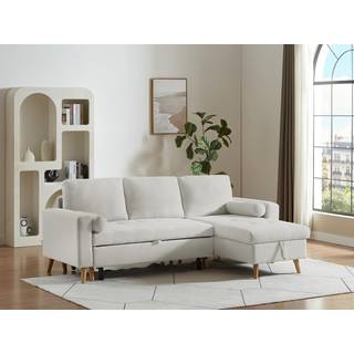 Vendbar hjørnesofa med sovefunktion i beige stof med opbevaringsrum KORI