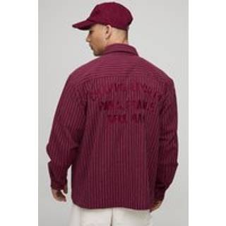 Mens Oversized Long Sleeve Paris Embroidered Stripe Shirt - Red
