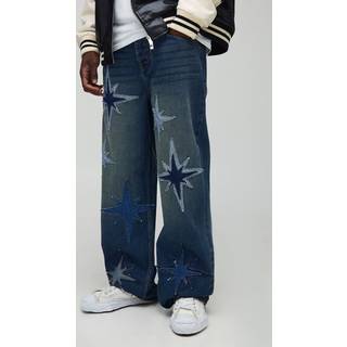 Mens Vintage Blue Tall Star Applique Relaxed Fit Jeans