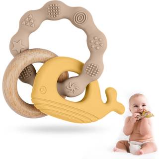 Vicloon Baby Teether Toys Silicone & Natural Wood Teether Ring Baby Ting Toys For Babies 0 månader Silikon Tuggbara ringar för nyfödd gåva (gul)
