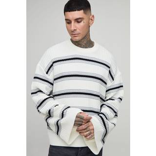 Mens Ecru Tall Ribbed Knit Wide Sleeve Boxy Oversized Jumper