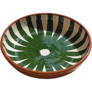 Håndlavet terracotta fad med grønne og hvide striber | Lille