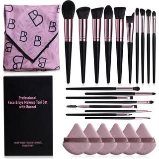 BS-MALL Makeup B?rster S?t 25 Stk med Triangle Puff - Rejsevenlig Magic Tape Opbevaringspose til B?rsteorganisering