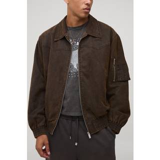 Mens Brown Regular Fit Washed Suede Collared Bomber Jacket