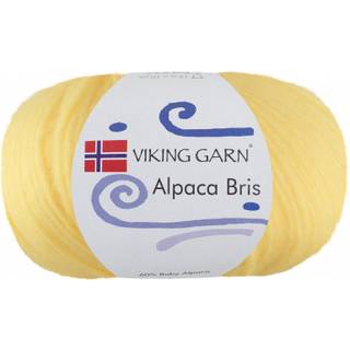 Viking Alpaca Bris 340 Lys gul Indhold: 60% Baby alpaca, 29% nylon, 11% merinould Vægt/længde: 50 g = ca. 150 meter Anbefalede pinde: 6-7 mm Strikkefasthed: 10 x 10 cm = 12 m Vask: Håndvask / Max 30°C / Tørres fladt.